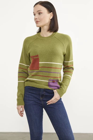 Blok Cepli Renk Çizgili Triko Kazak - Yeşil - Resim 3