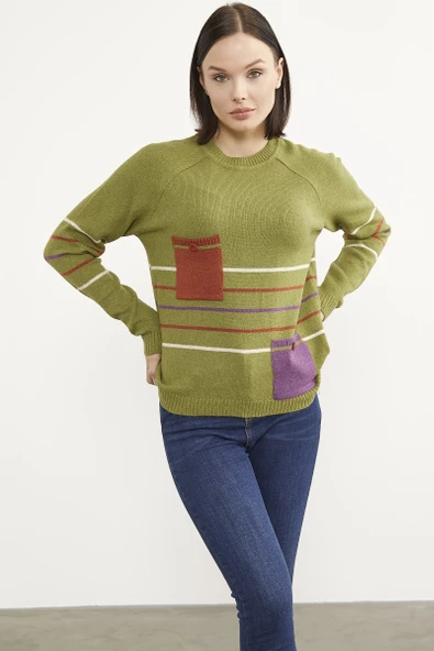 Blok Cepli Renk Çizgili Triko Kazak - Yeşil - Resim 4