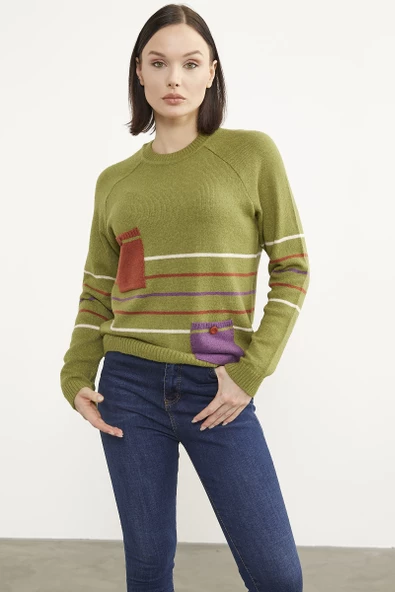 Blok Cepli Renk Çizgili Triko Kazak - Yeşil - Resim 2