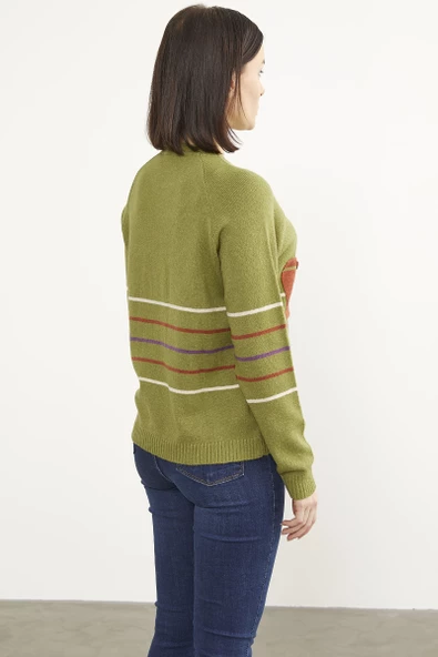 Blok Cepli Renk Çizgili Triko Kazak - Yeşil - Resim 5