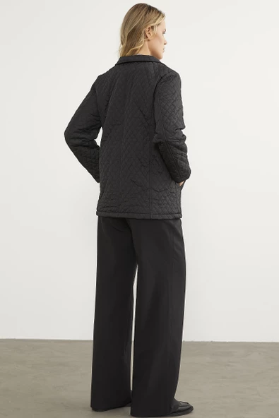 Çıt Çıtlı Gömlek Yaka Kapitone Mont - Siyah - 8