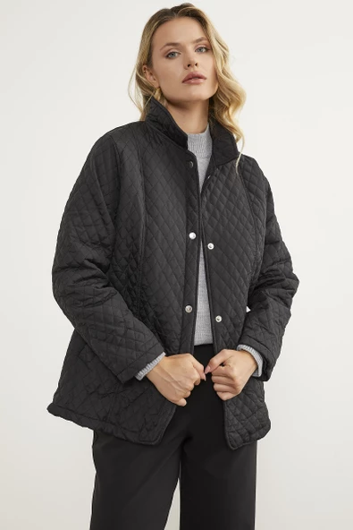 Çıt Çıtlı Gömlek Yaka Kapitone Mont - Siyah - 3