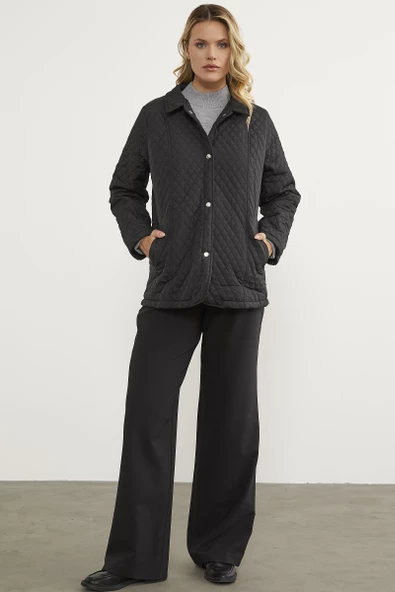 Çıt Çıtlı Gömlek Yaka Kapitone Mont - Siyah - 6