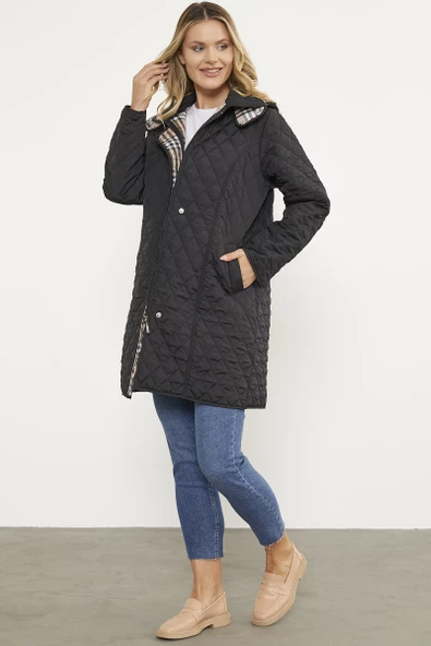 Kapüşonlu Ekose Detaylı Uzun Mont - Siyah - 4