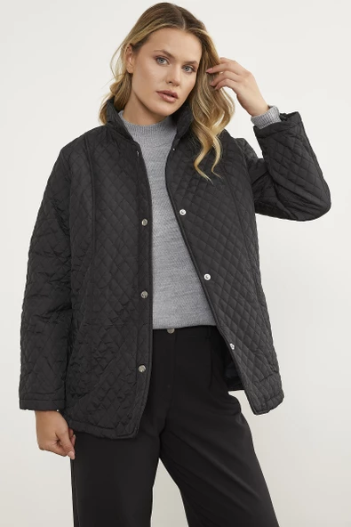 Çıt Çıtlı Gömlek Yaka Kapitone Mont - Siyah - 4