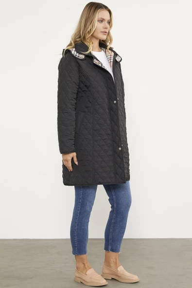 Kapüşonlu Ekose Detaylı Uzun Mont - Siyah - 5