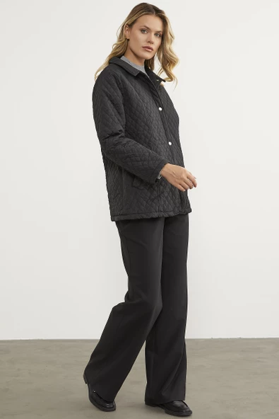 Çıt Çıtlı Gömlek Yaka Kapitone Mont - Siyah - 7