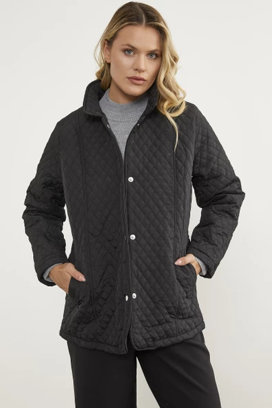 Çıt Çıtlı Gömlek Yaka Kapitone Mont - Siyah - 2