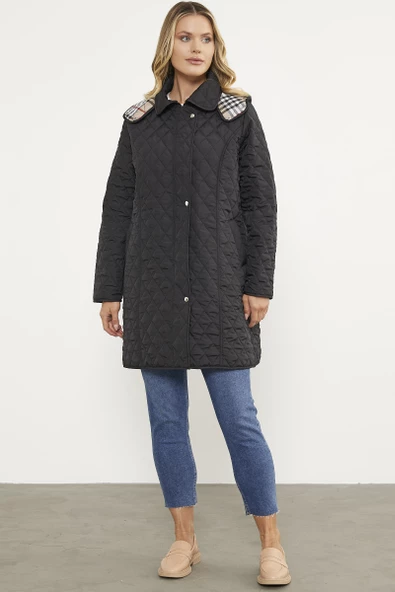 Kapüşonlu Ekose Detaylı Uzun Mont - Siyah - 7