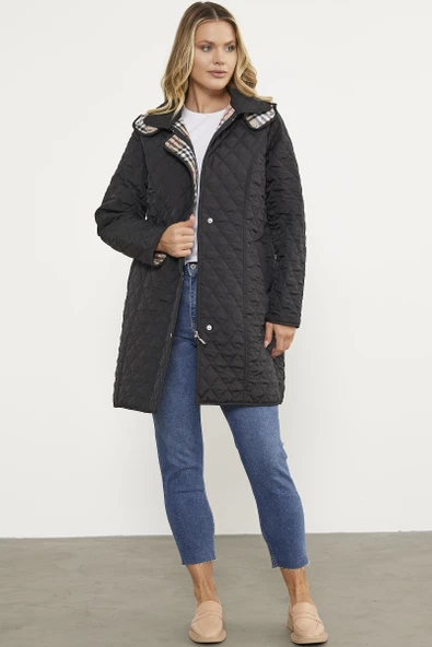 Kapüşonlu Ekose Detaylı Uzun Mont - Siyah - 2