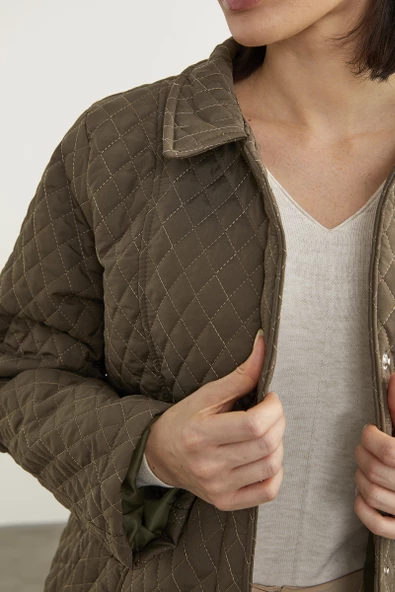 Çıt Çıtlı Gömlek Yaka Kapitone Mont - Haki - 6