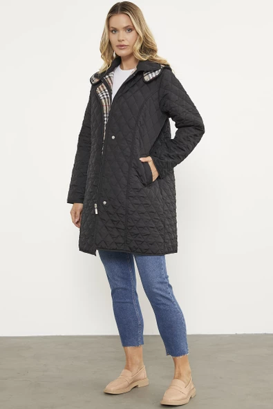 Kapüşonlu Ekose Detaylı Uzun Mont - Siyah - 3