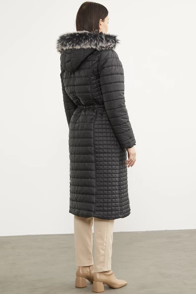 Suni Kürk Kapüşonlu Fermuarlı Uzun Kaban - Siyah - Resim 7