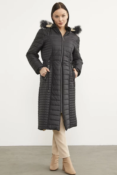 Suni Kürk Kapüşonlu Fermuarlı Uzun Kaban - Siyah - Resim 2