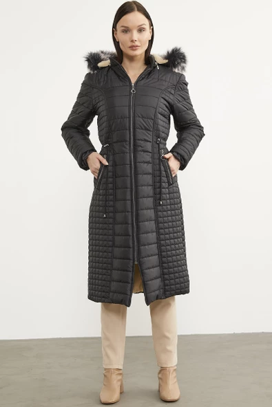 Suni Kürk Kapüşonlu Fermuarlı Uzun Kaban - Siyah ürün görseli 1