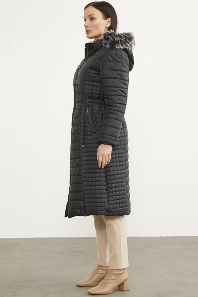 Suni Kürk Kapüşonlu Fermuarlı Uzun Kaban - Siyah - Resim 6