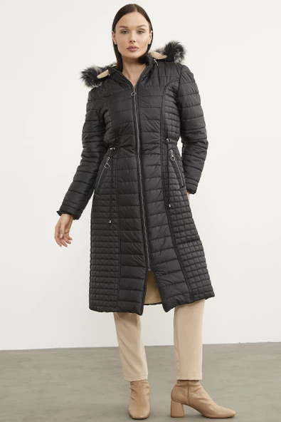 Suni Kürk Kapüşonlu Fermuarlı Uzun Kaban - Siyah - Resim 5