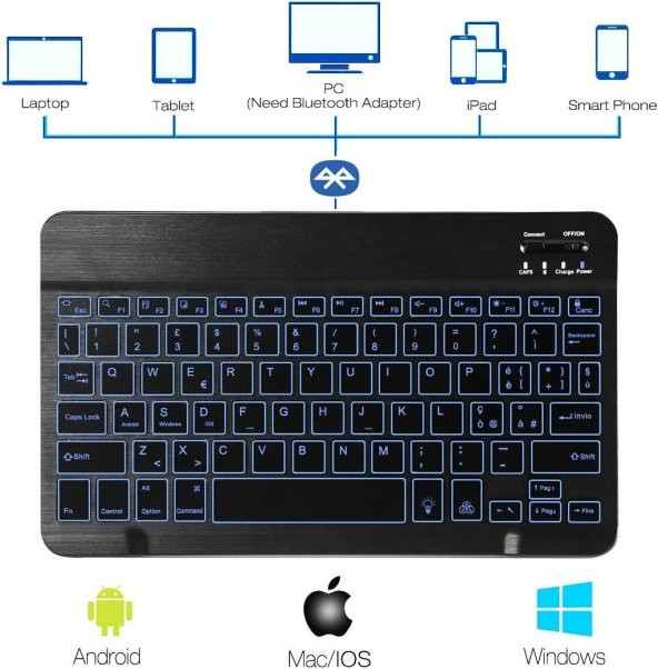 Valkyrie BL30 7 Renk Bluetooth Kablosuz Türkçe Klavye - Android ios Windows Uyumlu - Şarjlı - 10 inç - Multimedia - Ultra İnce Tasarım - 4