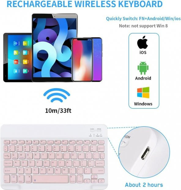 Valkyrie BL30 Bluetooth 10 inç Ios Windows Android Uyumlu Kablosuz Klavye - Türkçe - Şarjlı-Sessiz Multimedia - Ultra İnce Pembe - 3