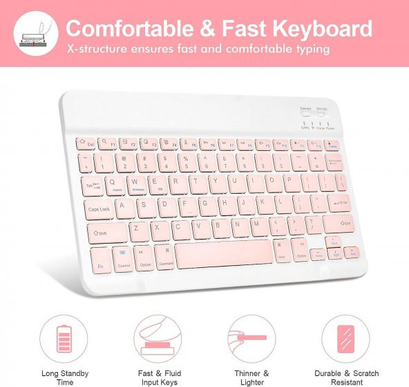 Valkyrie BL30 Bluetooth 10 inç Ios Windows Android Uyumlu Kablosuz Klavye - Türkçe - Şarjlı-Sessiz Multimedia - Ultra İnce Pembe - 9