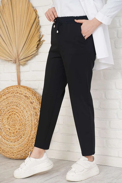 İp Detaylı Beli Lastikli Dar Paça Siyah Pantolon ürün görseli 1