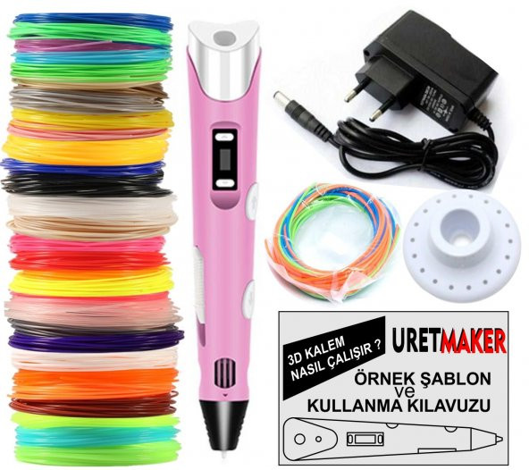 PEMBE Renk 3D Pen Kalem Yazıcı ve 20 metre PLA Filament (10 renk x 2 metre)