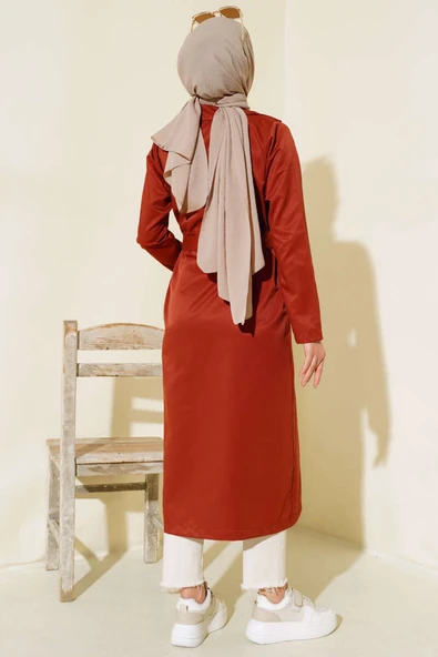 Sekiz Düğmeli Kuşaklı Trençkot Kiremit - Resim 3