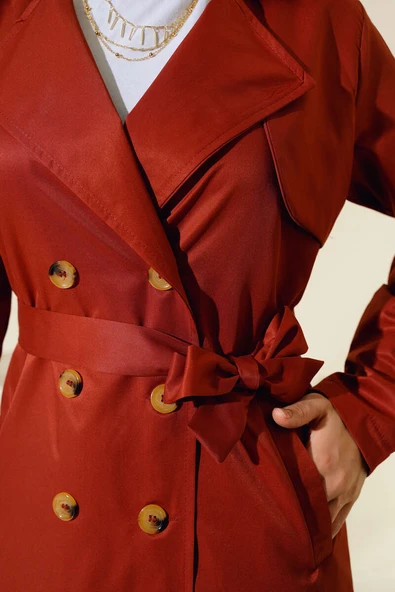 Sekiz Düğmeli Kuşaklı Trençkot Kiremit - Resim 4