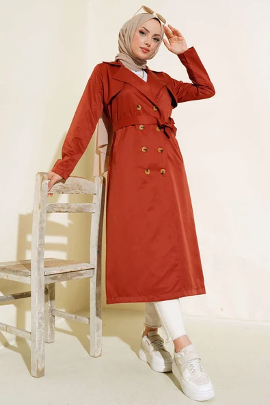 Sekiz Düğmeli Kuşaklı Trençkot Kiremit ürün görseli 1