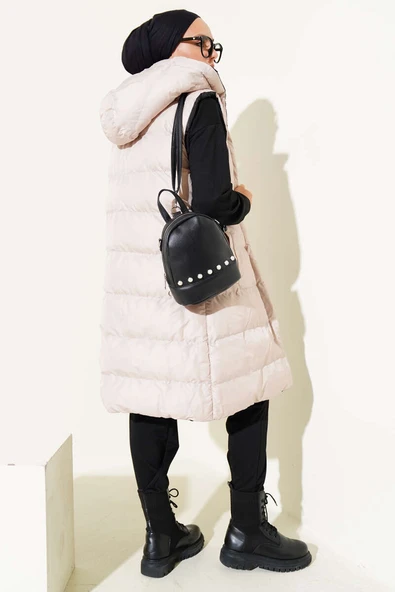 Çift Taraflı Fermuarlı Şişme Yelek Siyah Bej - 3