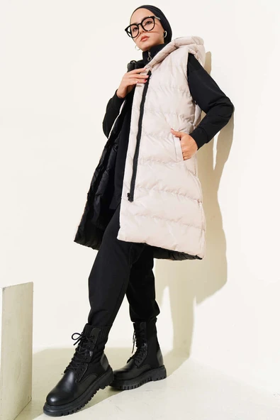 Çift Taraflı Fermuarlı Şişme Yelek Siyah Bej