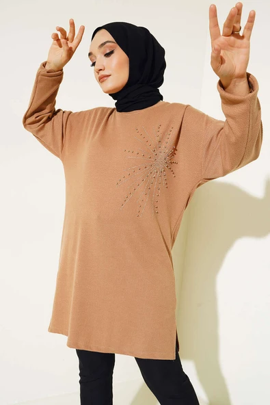 Parlak Taşlı İnce Fitilli Tunik Camel
