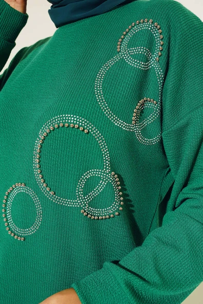 Yuvarlak Parlak Taşlı Tunik Yeşil - Resim 4