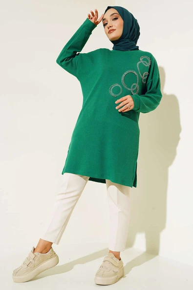 Yuvarlak Parlak Taşlı Tunik Yeşil - Resim 2