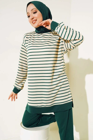 Yatay Şeritli İki İplik Takım Zümrüt Yeşil - Resim 2