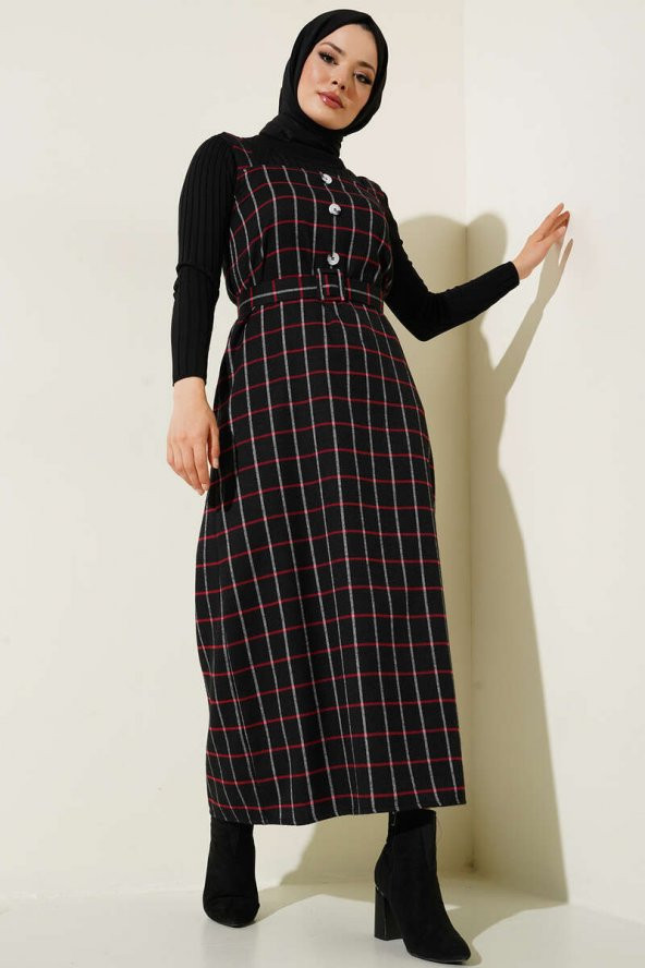Ekose Desen Salopet Siyah Bordo