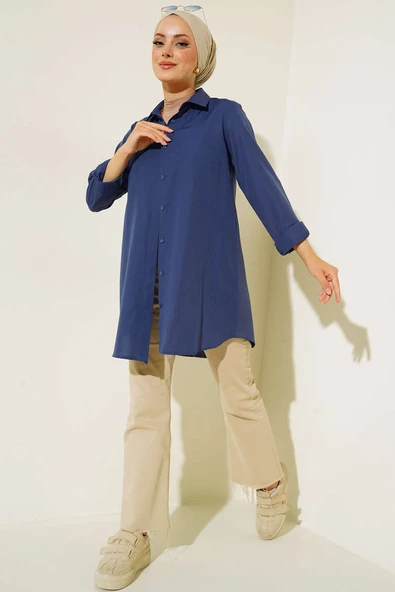 Klasik Yakalı Oval Kesim Lacvert Gömlek - Resim 2
