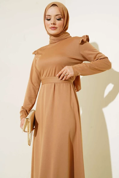 Omuz Fırfırlı Kuşaklı Elbise Latte - 2