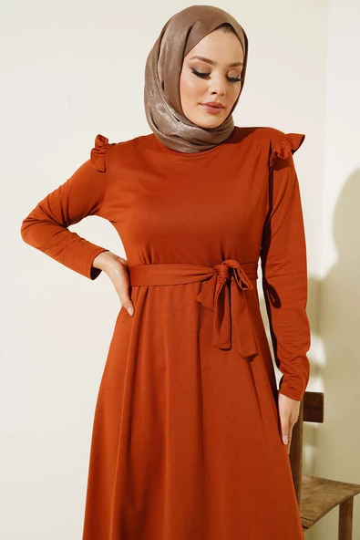 Omuz Fırfırlı Kuşaklı Elbise Taba - 2