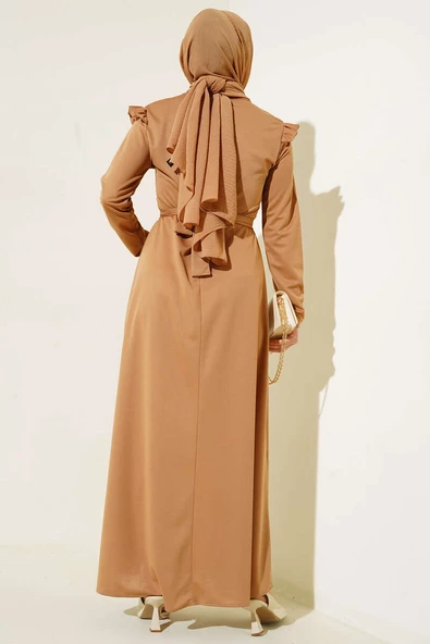 Omuz Fırfırlı Kuşaklı Elbise Latte - 3