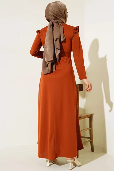 Omuz Fırfırlı Kuşaklı Elbise Taba - 3