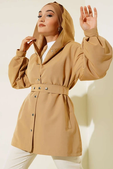 Kapşonlu Çıt Çıt Kısa Trenç Camel ürün görseli 1