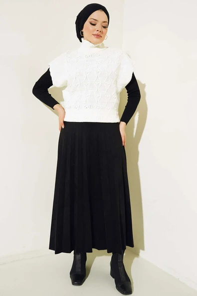 Yarım Balıkçı Yaka Örgü Desen Süveter Ekru - 2