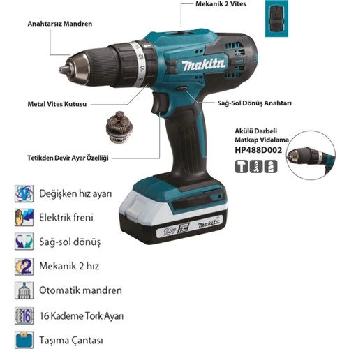 Makita HP488D002 Darbeli Matkap Vidalama 18V 1,5AH Çift Akü - 3