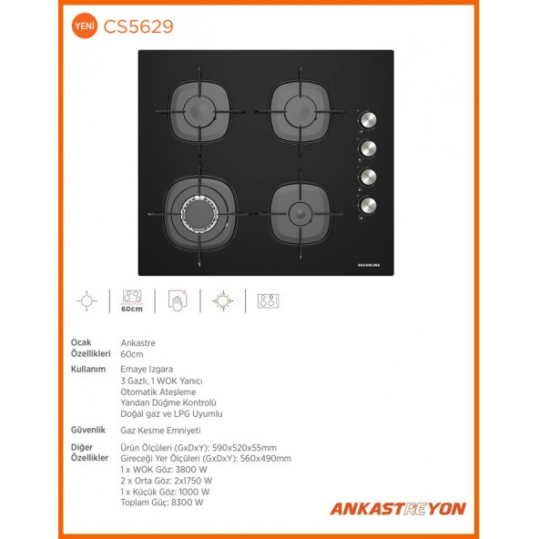 Silverlline CS5629B01 Siyah Cam Woklu Ankastre Ocak Emaye Izgaralı - 3