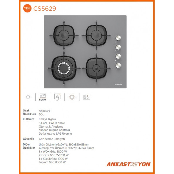 Silverline Cs5629s01 Gri Cam Woklu Ankastre Ocak Emaye Izgaralı - 3