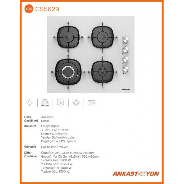 Silverline CS5629W01 Beyaz Cam Woklu Ankastre Ocak Emaye Izgaralı - 3