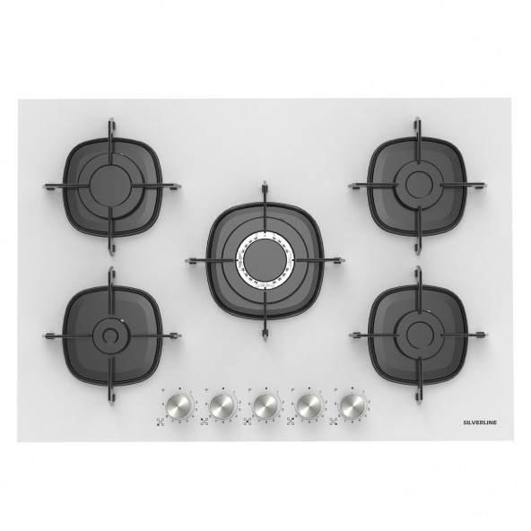 Silverline CS5622W01 Beyaz Cam Ankastre Ocak Woklu 9 Kademeli Emaye Izgaralı