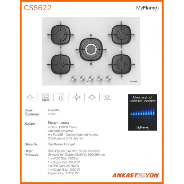 Silverline CS5622W01 Beyaz Cam Ankastre Ocak Woklu 9 Kademeli Emaye Izgaralı - 2