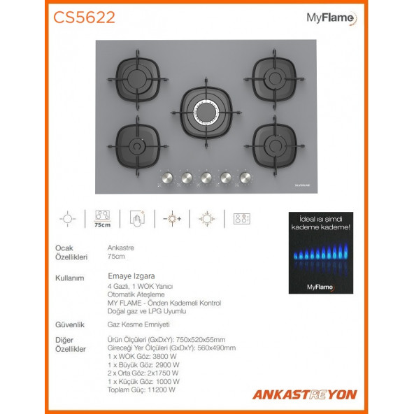 Silverline CS5622S01 Gri Cam Ankastre Ocak Woklu 9 Kademeli Emaye Izgaralı - 2